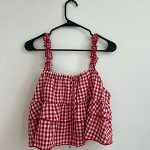 Red and White Gingham Ruffle Top